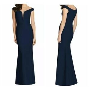 NWT Dessy Collection Midnight Off-the-Shoulder Deep Notch Trumpet Gown JJ24